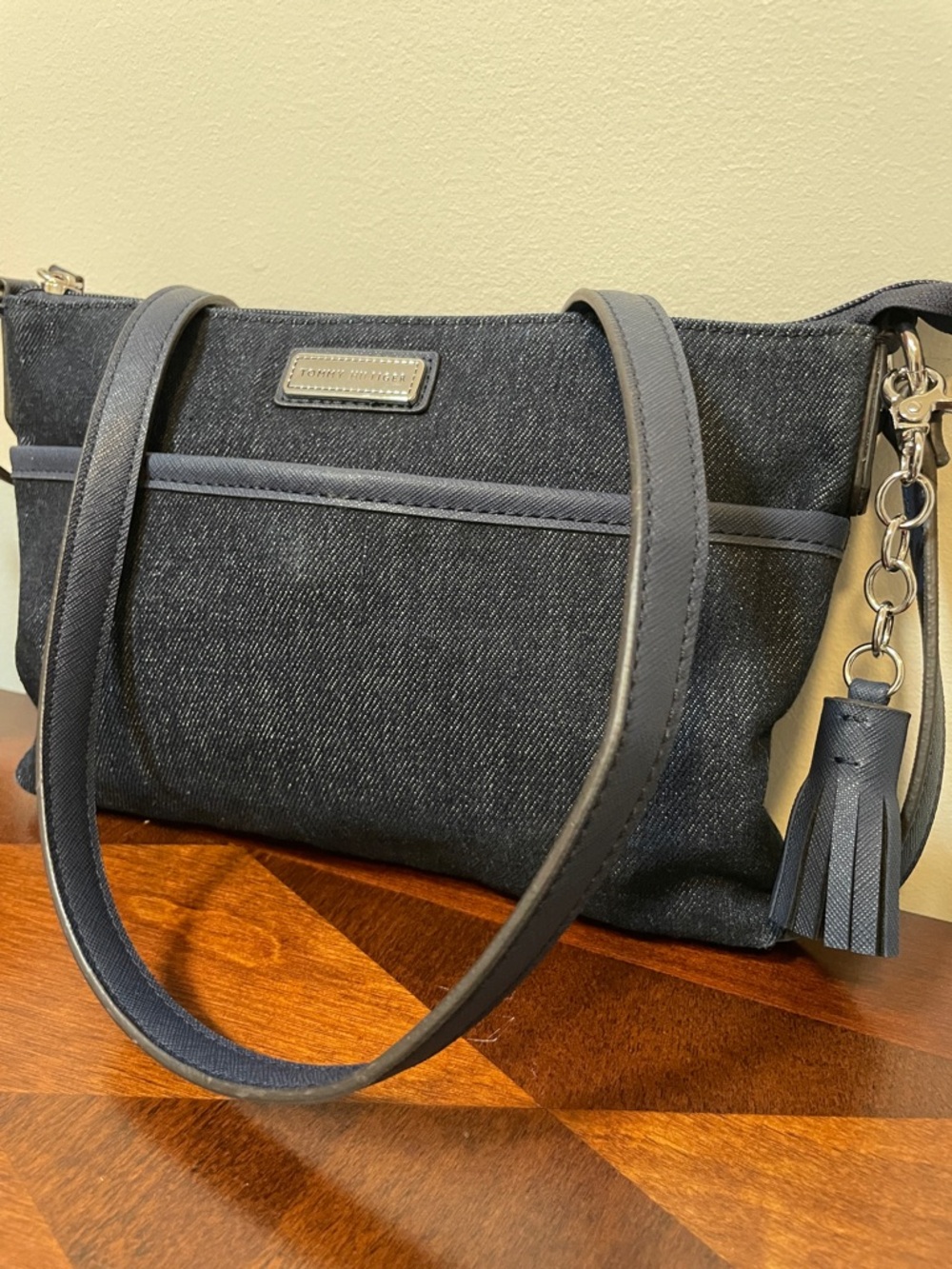 Tommy Hilfiger Dark Blue Denim Crossbody Bag with Tassel Accent